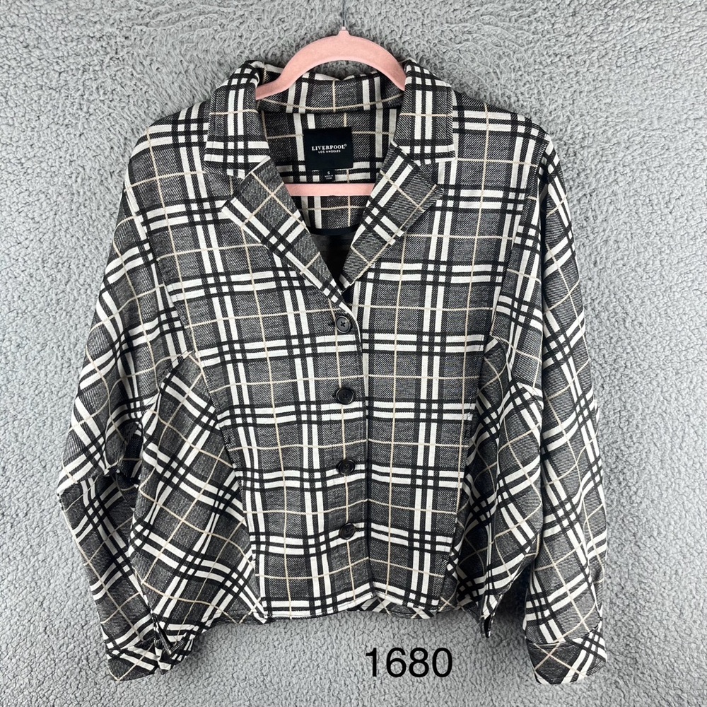 Liverpool Women’s Jacket Check Plaid Size S Button Up Black Cream Pockets Flawed - Picture 1 of 16
